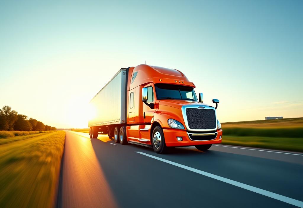 A brightly colored professional truck driving on a scenic highway